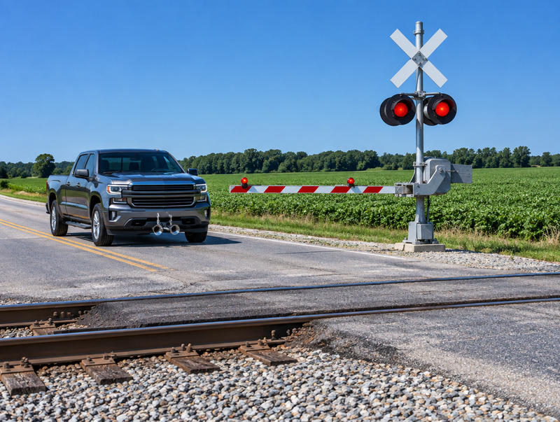 A pickup truck with chrome air horns waits at a rural railroad crossing with a crossbuck and signal mast under a blue sky.