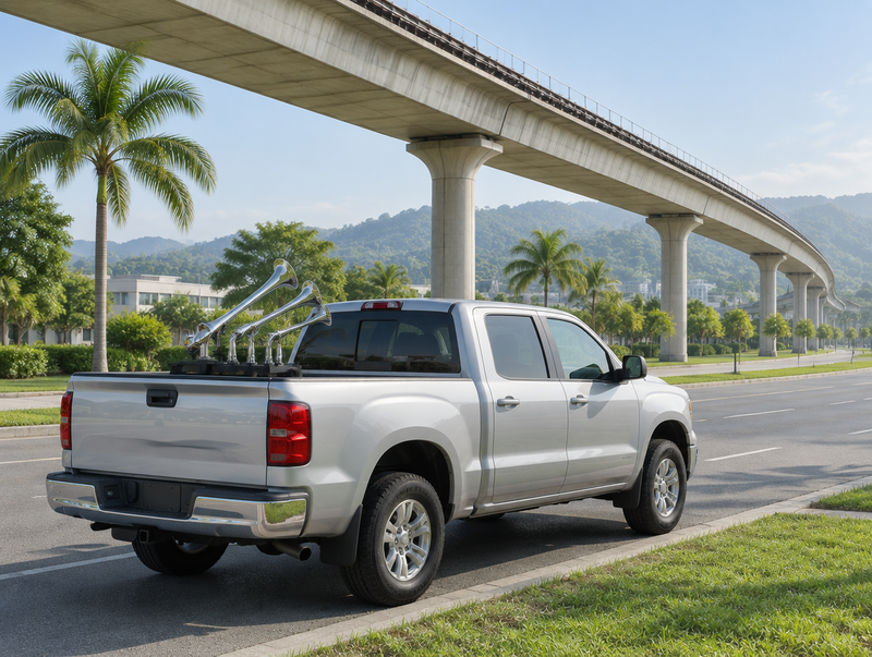 A pickup truck with chrome train horns in its bed parked beneath an elevated concrete rail viaduct on a sunny morning.