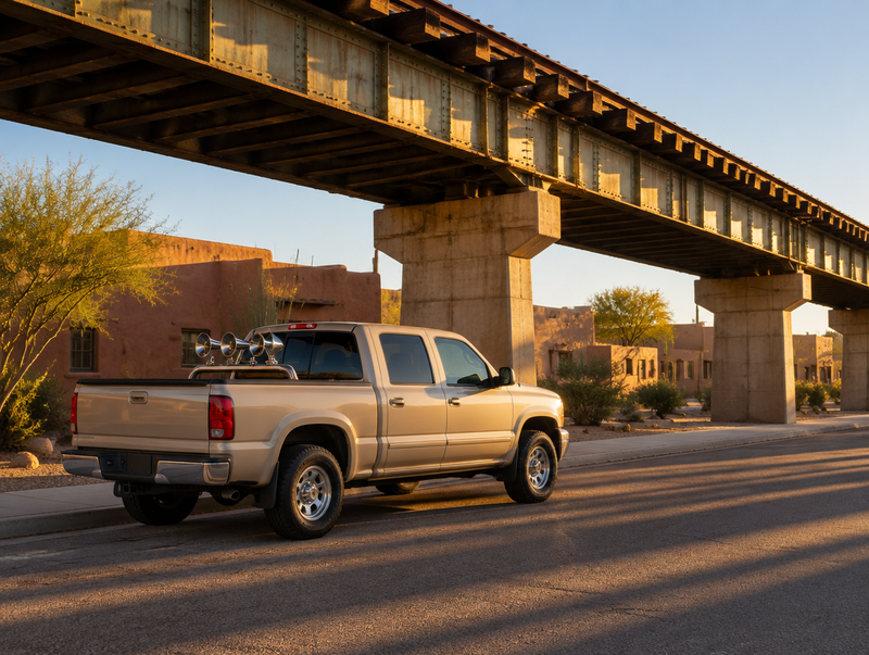 A clean pickup with a three-trumpet air horn parked under an elevated railway viaduct at golden hour.