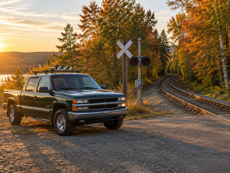 Clean pickup with chrome air horns parked beside a rural railroad crossing with a crossbuck at golden hour.