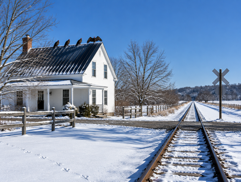 Turkey vultures perched on a snowy farmhouse roof beside a rail line and crossbuck under a clear blue winter sky.