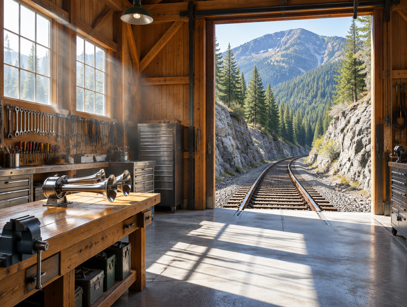 A sunlit wooden railway shed with a chrome air horn on a bench and track running out into a rocky pine-forest cutting.