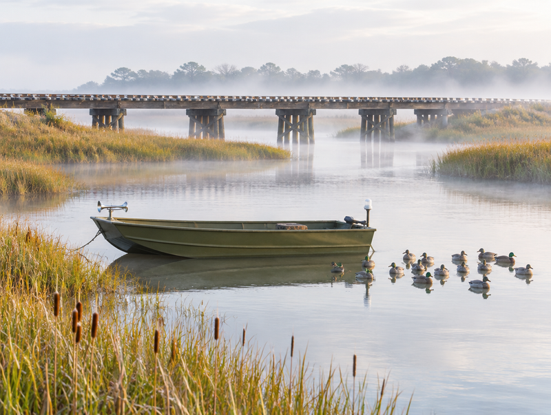 Duck boat anchored in a misty marsh channel near decoys, with a timber railroad trestle crossing behind it