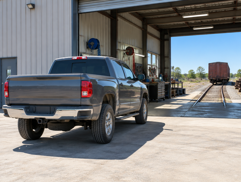 A heavy-duty pickup parked outside an open railway workshop door, with rails running out into bright sunlight.