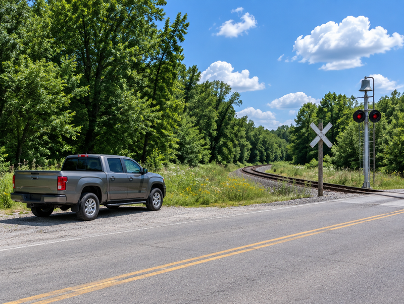 A clean midsize pickup parked on a gravel shoulder near a rural railroad crossing with a crossbuck and signal mast in summer.