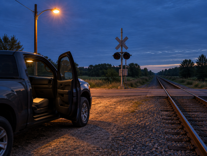 Pickup truck parked near a rural railroad crossing at blue hour, lit by a warm street lamp beside the tracks.