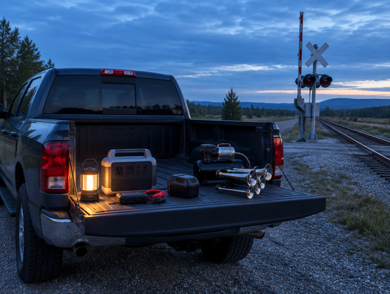 A pickup tailgate at a rail crossing at dusk with a power station, jump starter, tool battery and train horn kit.