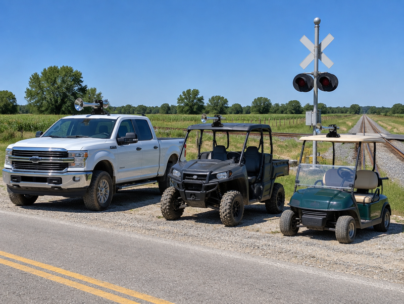 A pickup truck, UTV and golf cart parked by a rural railroad crossing with a crossbuck and signal mast under blue sky.