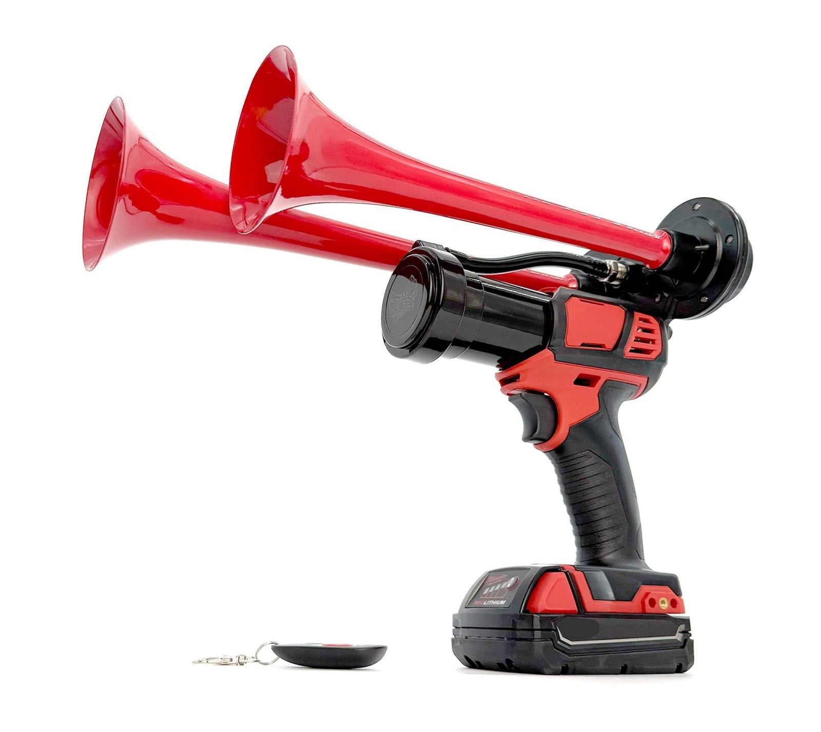 Red dual train horn with glossy twin trumpets standing upright, key fob remote in the foreground - view 13