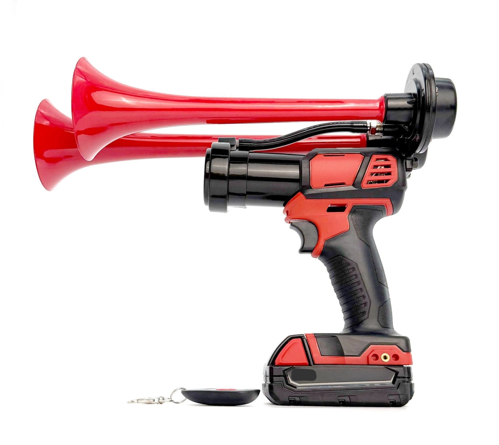 Side profile of red cordless air horn with two trumpets, remote key fob beside the battery base - view 14