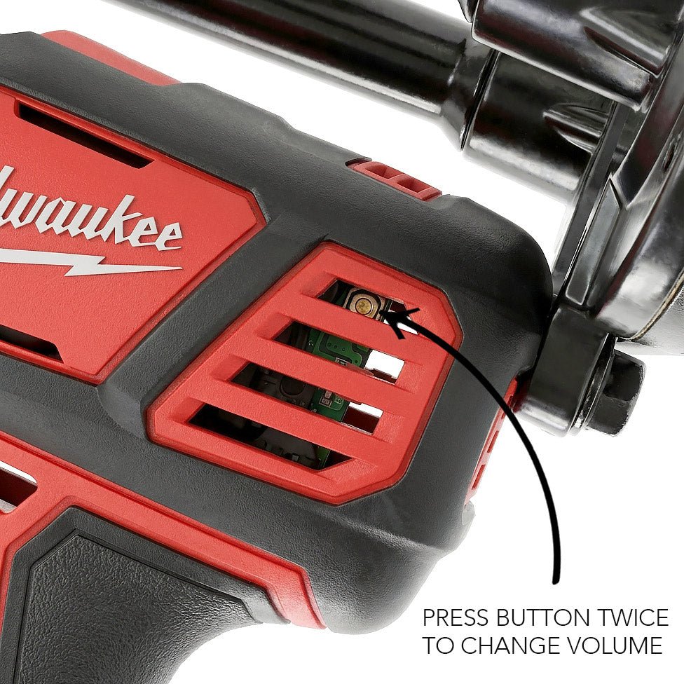 Close-up of the train horn's control housing vents and internal button, with a note to press the button twice to change the volume level - view 3
