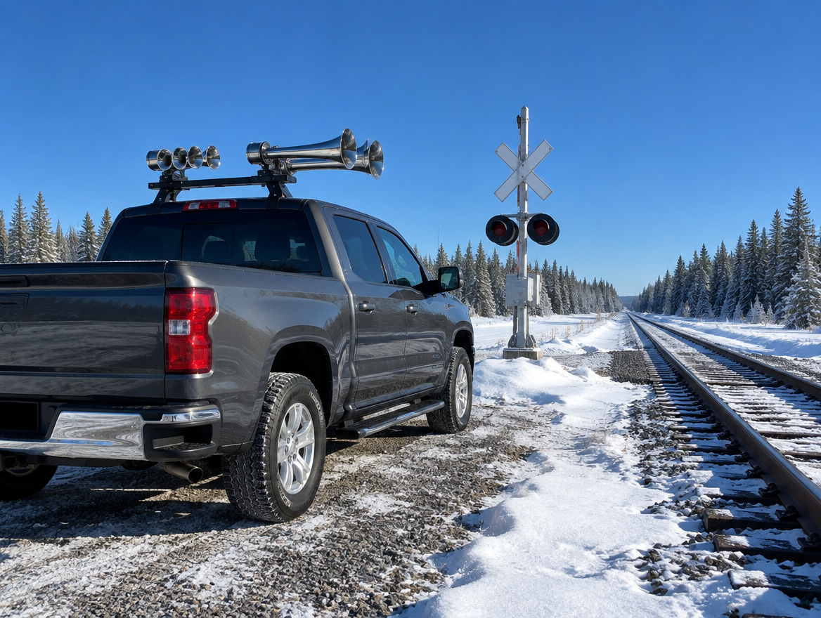 A pickup truck with two chrome train horn sets parked by a snowy rail crossing under a bright blue winter sky.