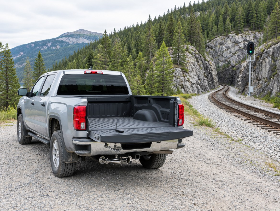 Pickup truck with a chrome train horn parked beside a mountain railway that curves into a rocky cutting among pines.