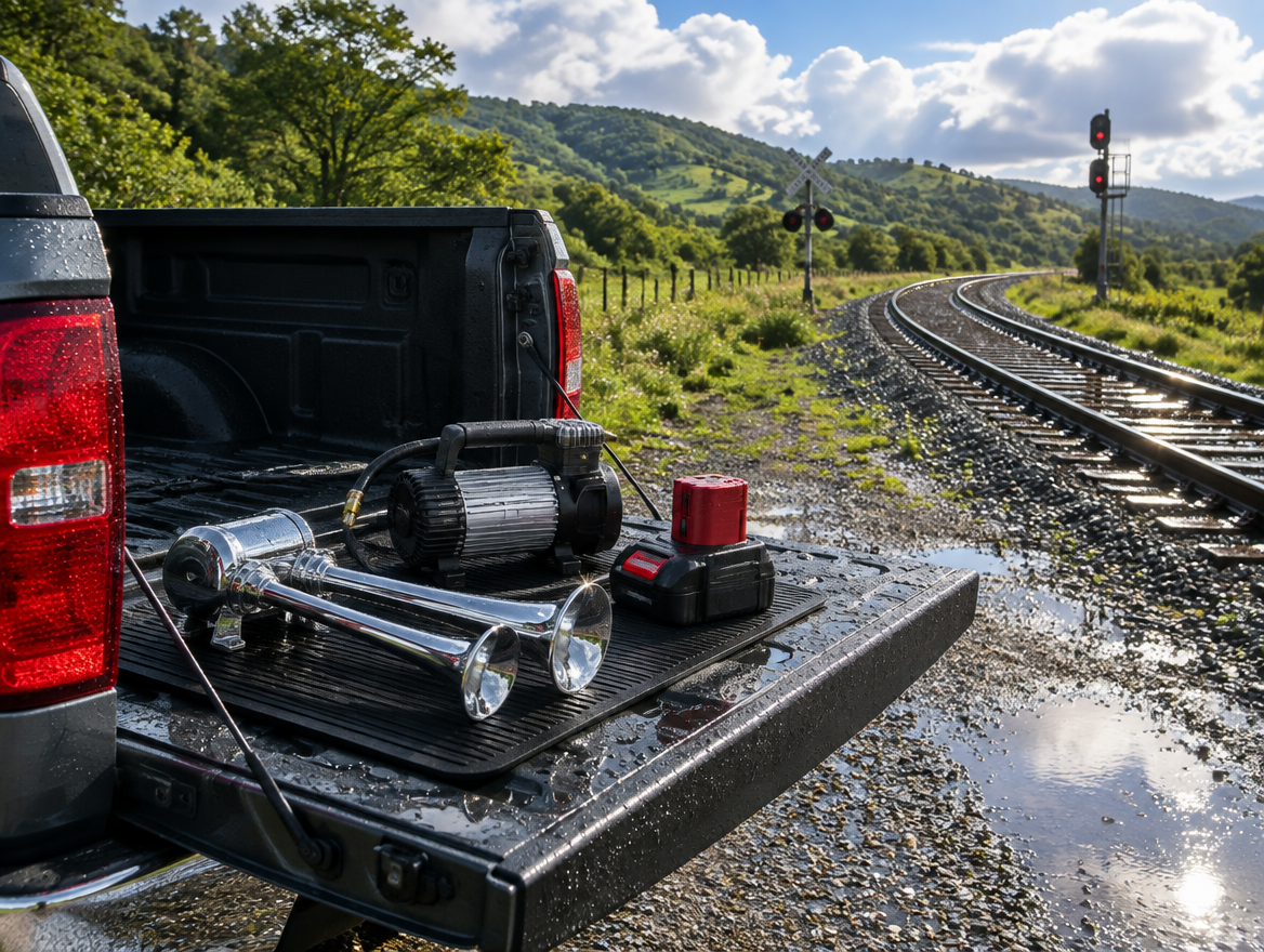 Train horn and compressor on a wet pickup tailgate beside a single-track line curving through green hills after rain.