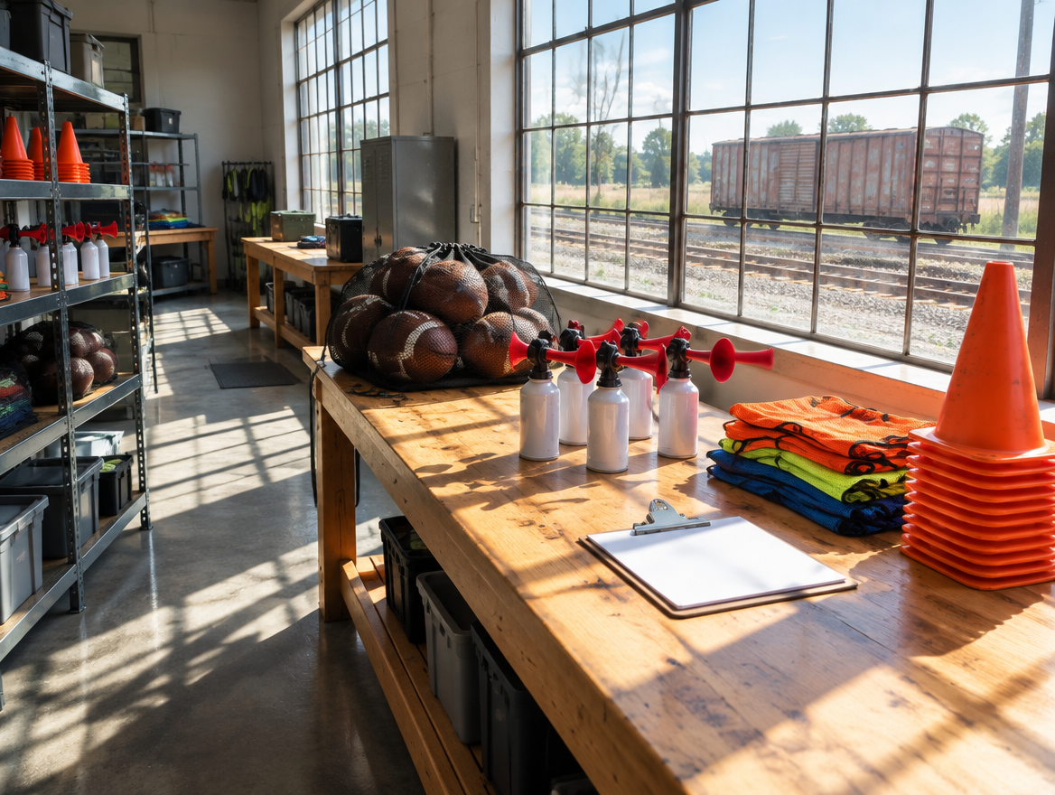 Sunlit workshop with air horns, footballs and orange cones on wooden benches, a boxcar on a siding outside the windows