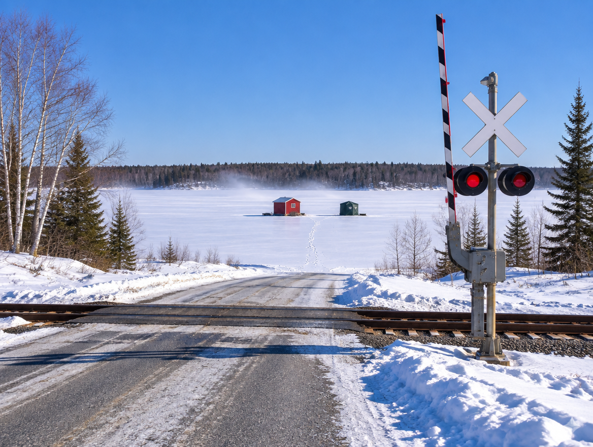 Rural railroad crossing with a crossbuck and signal mast beside a frozen lake dotted with ice-fishing shanties under blue sky