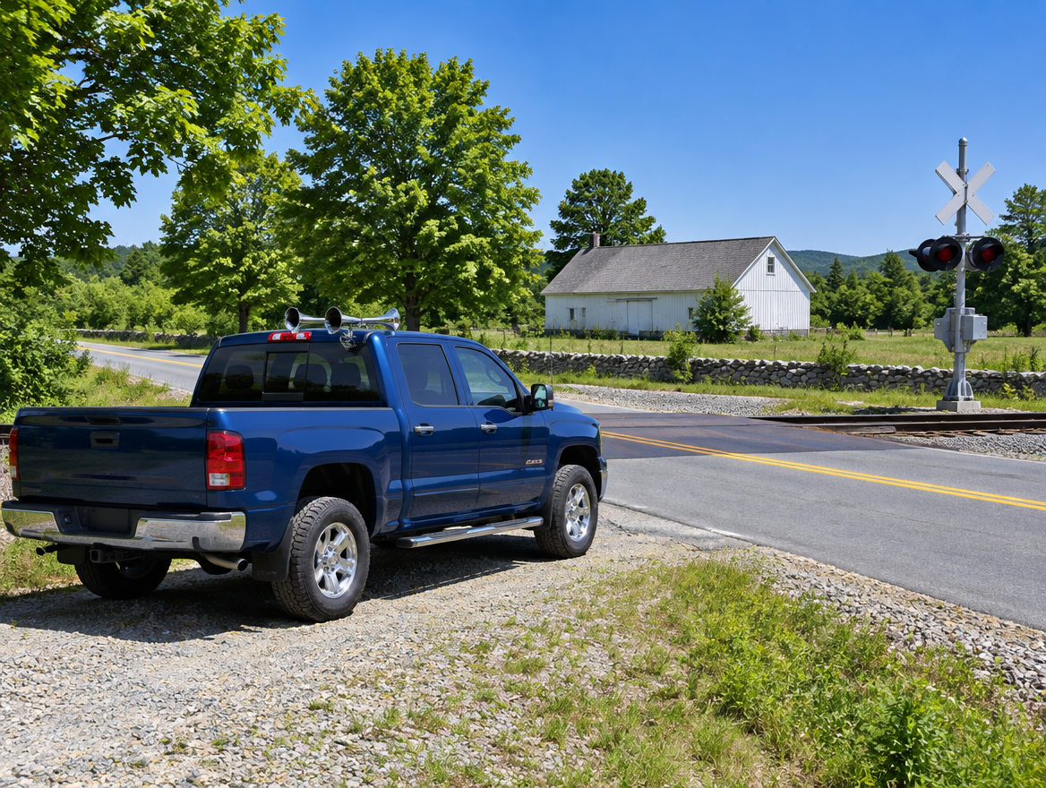 A pickup truck with a chrome air horn parked near a rural railroad crossing under a bright blue sky.
