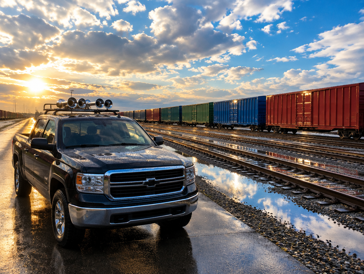 A pickup truck with chrome air horns on its roof parked beside a wet freight yard full of boxcars under a clearing sky.