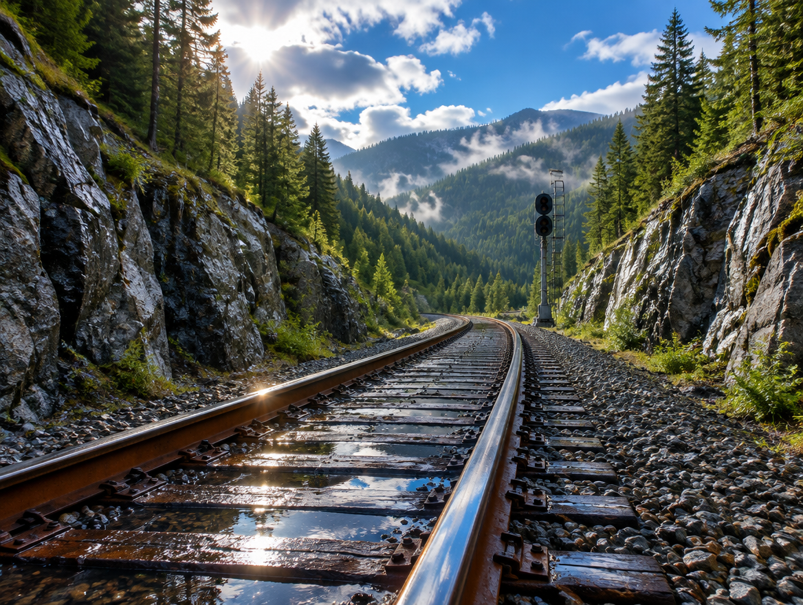 Wet single-track railway curving through a rocky cutting and pine forest as the sun breaks through after rain