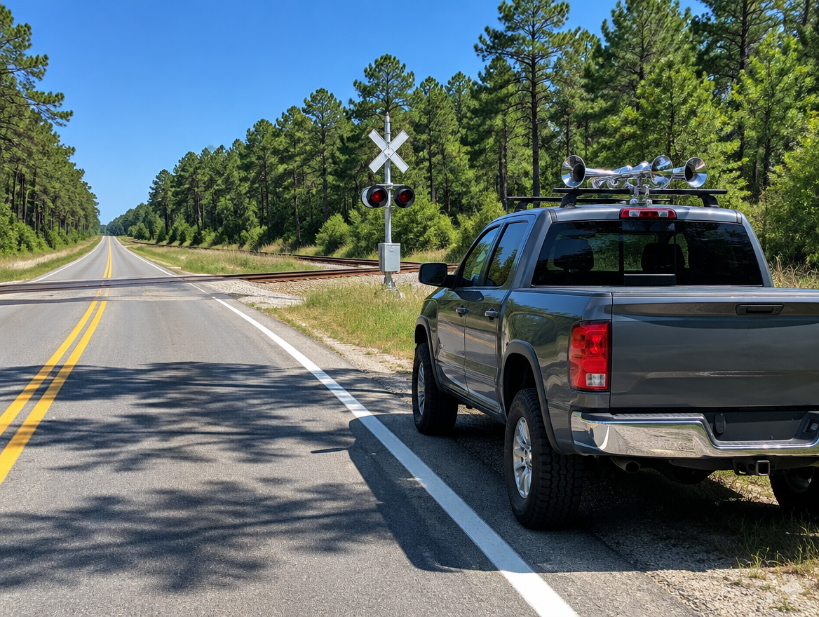 Pickup truck with a chrome roof horn parked on a rural highway shoulder near a railroad crossbuck under blue sky