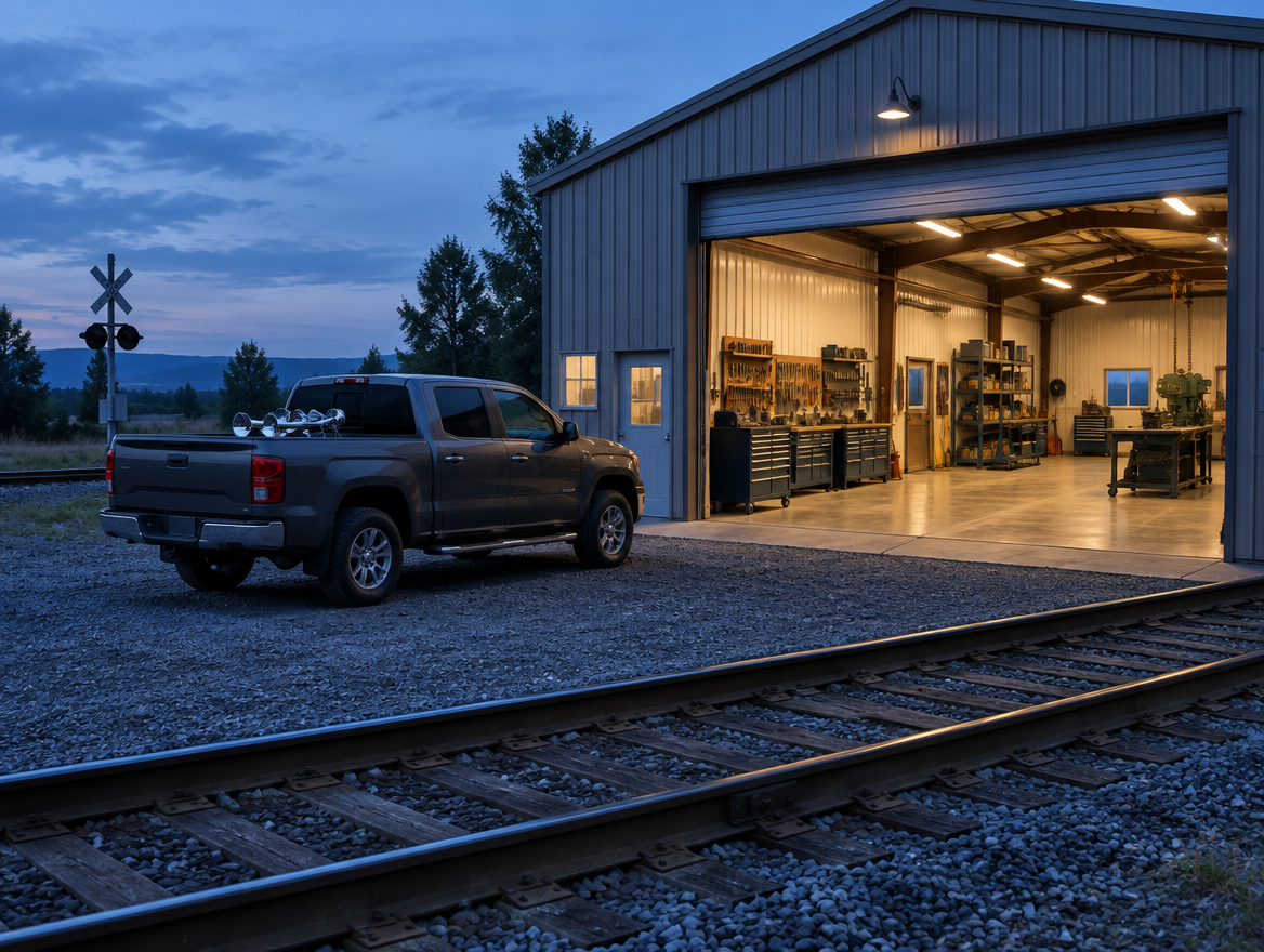 Pickup truck parked by an open railway workshop door at dusk, with track in front and warm lamps glowing inside.