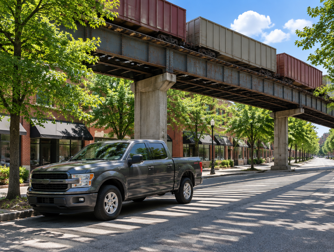 A pickup truck parked under a steel railway viaduct as a freight train crosses overhead on a sunny summer afternoon.