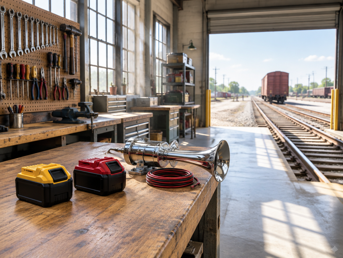 Yellow and red cordless tool batteries beside a chrome train horn on a workbench, with a roller door open onto track
