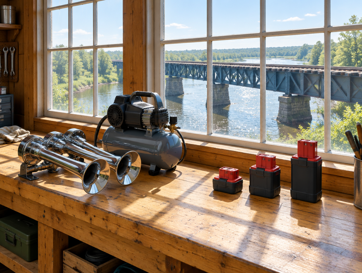 Sunlit shed workbench with a chrome train horn and three battery packs, a steel trestle bridge over a river outside