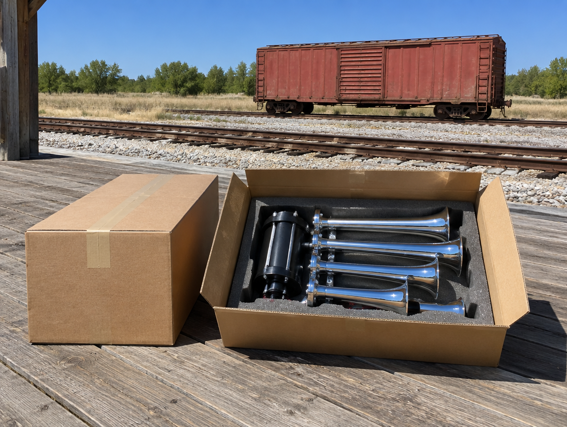 Two cardboard boxes on a sunny freight platform, one open to show a chrome train horn, with rails and a red boxcar behind