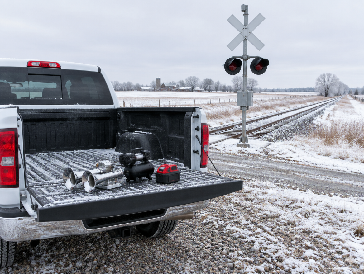 Pickup tailgate with a chrome train horn kit and a cordless battery beside a snowy rural rail crossing.