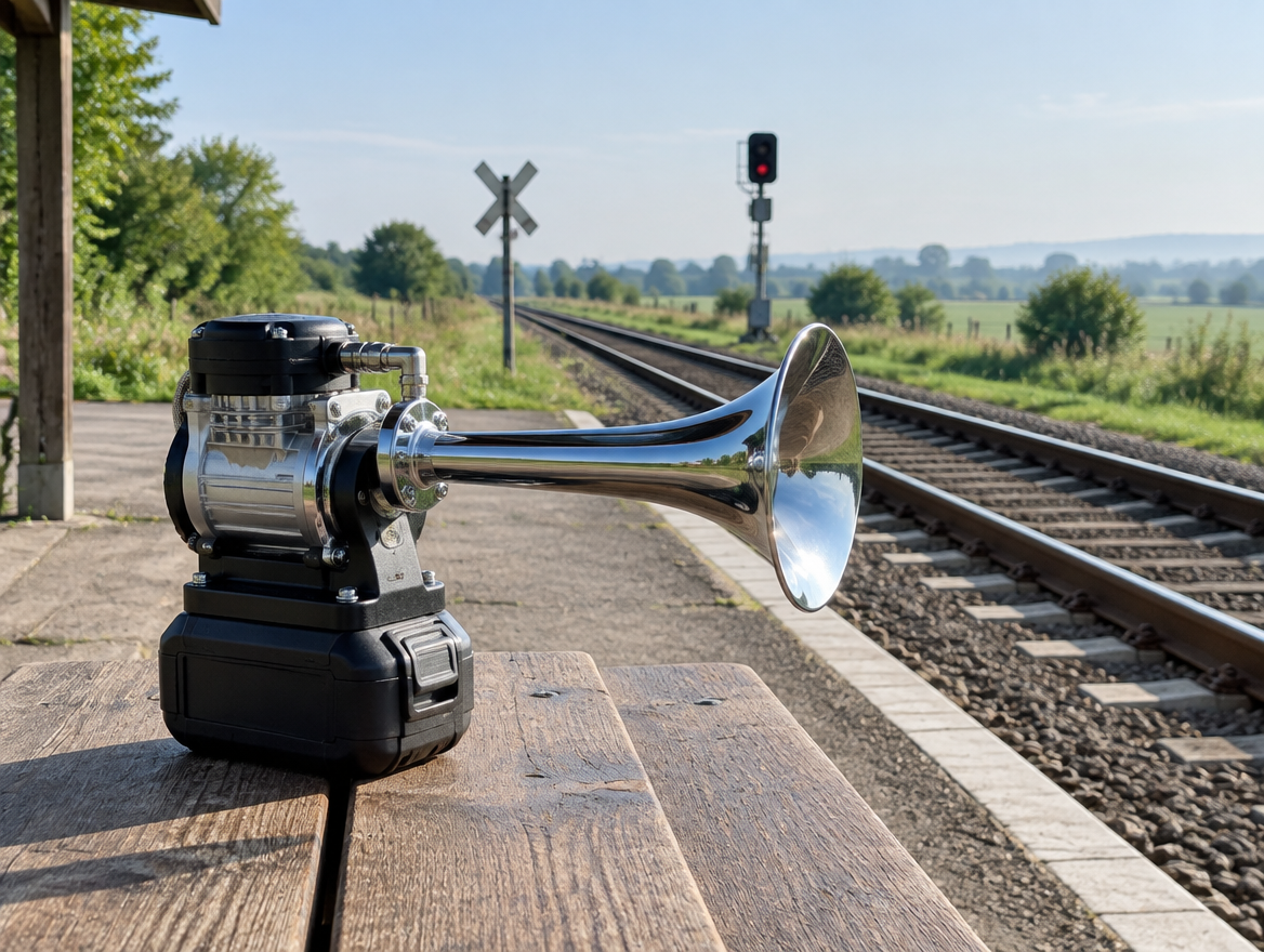 A battery train horn with a chrome trumpet on a bench at a rural platform, with rails and a signal mast behind it.