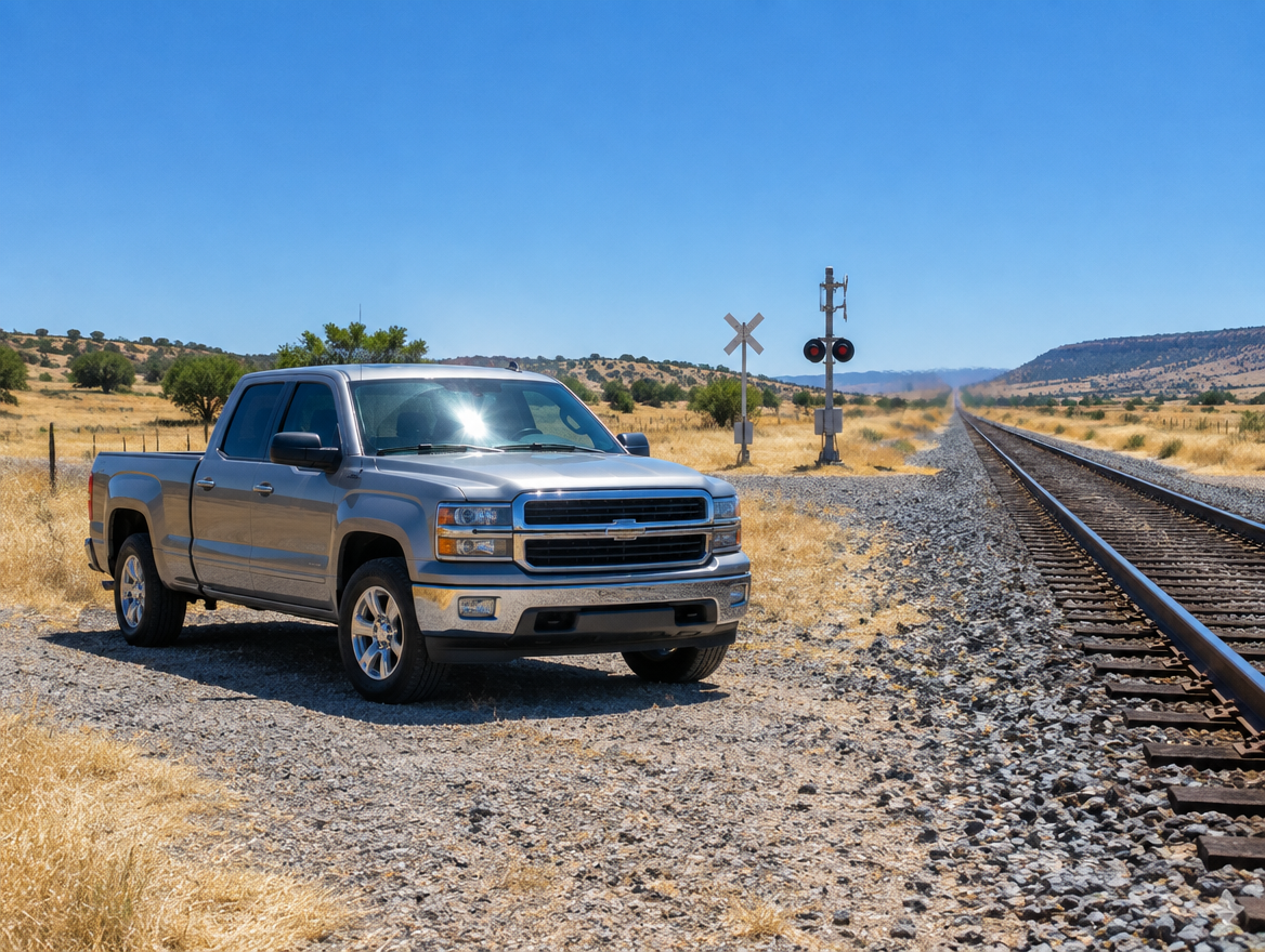 A pickup truck parked beside a rural rail line under harsh midday sun, with heat shimmer rising off the tracks.