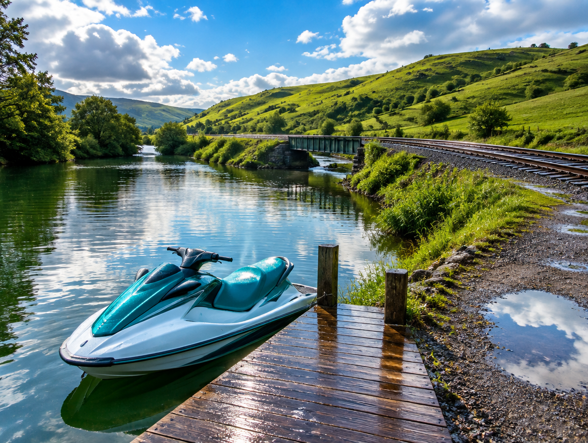A personal watercraft at a wet wooden dock on a river, with a single-track railway curving through green hills behind.