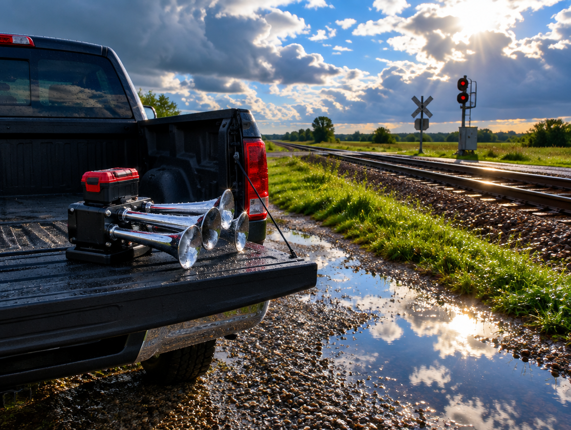 A chrome four-trumpet battery train horn on a wet pickup tailgate beside a rural rail crossing after rain.