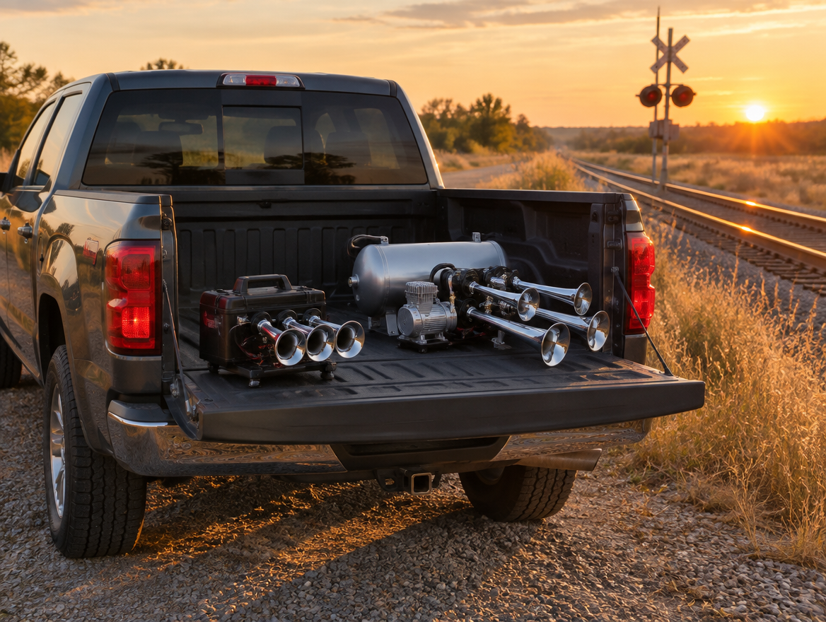 Pickup tailgate at golden hour with a battery horn and an air-tank horn kit beside a rural rail line and crossbuck.