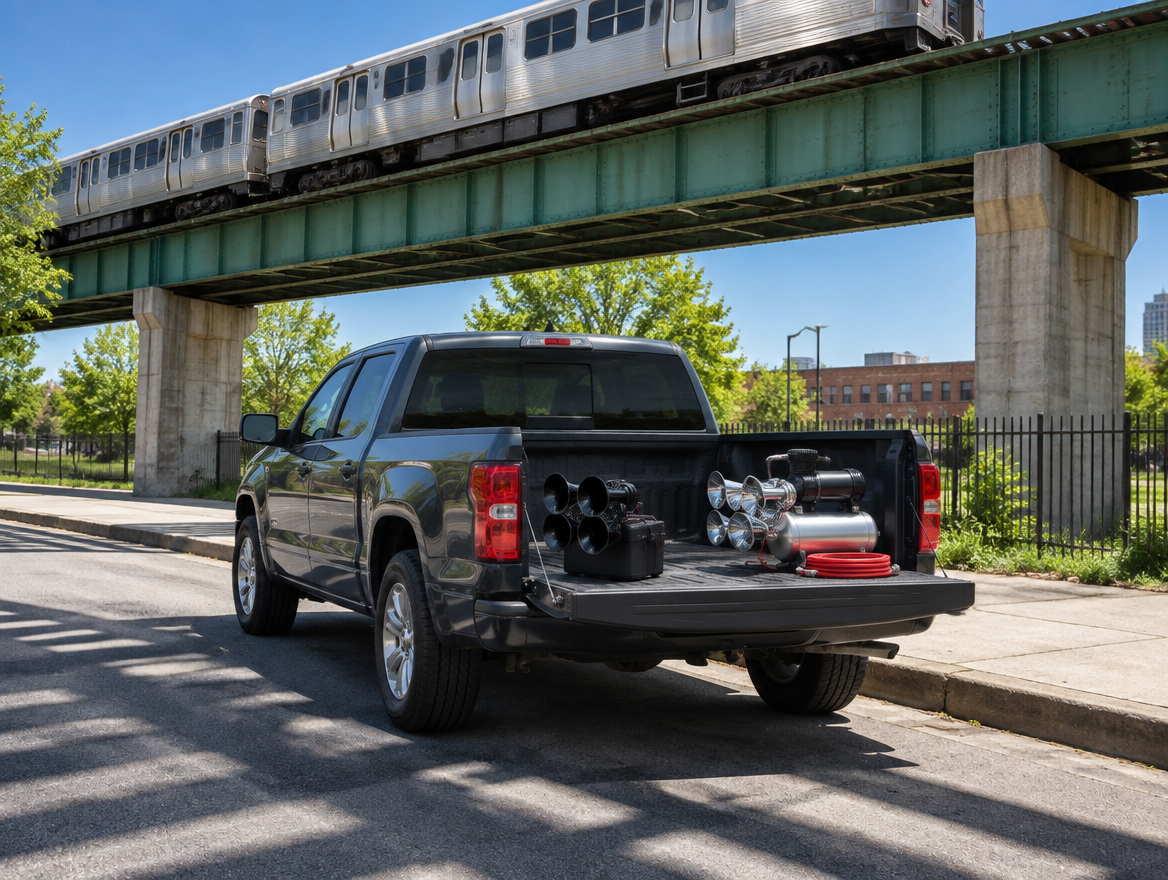 A pickup under a sunlit rail viaduct, tailgate showing a battery train horn beside a compressor and air-tank horn kit.