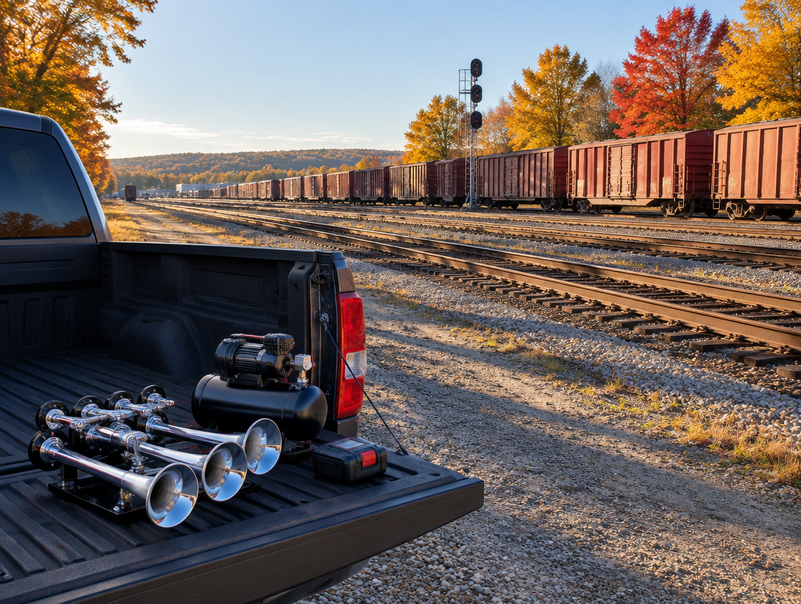 A battery train horn kit on a pickup tailgate beside a freight yard with boxcars and autumn trees in bright sun.