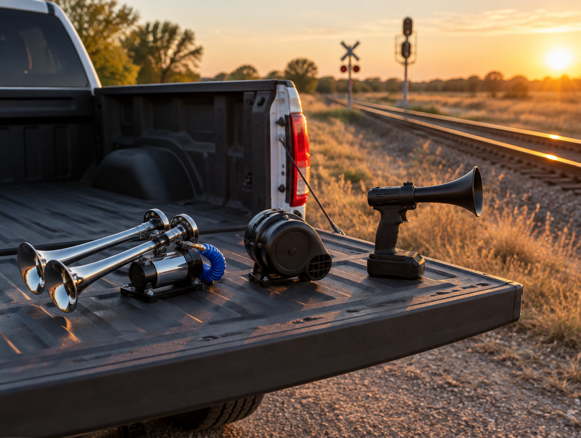 Three different horns on a pickup tailgate beside a rural railroad track and crossbuck at golden hour.