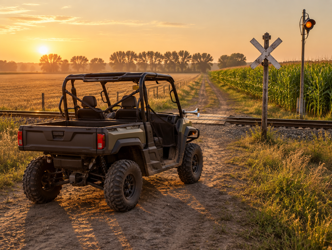 A side-by-side UTV stopped on a dirt farm track at a railroad crossing with a crossbuck in golden evening light.