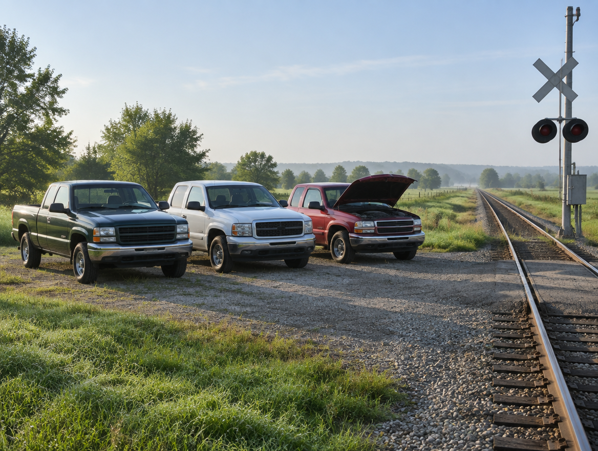 Three full-size pickup trucks parked on gravel next to a rural railroad crossing on a clear, hazy morning.
