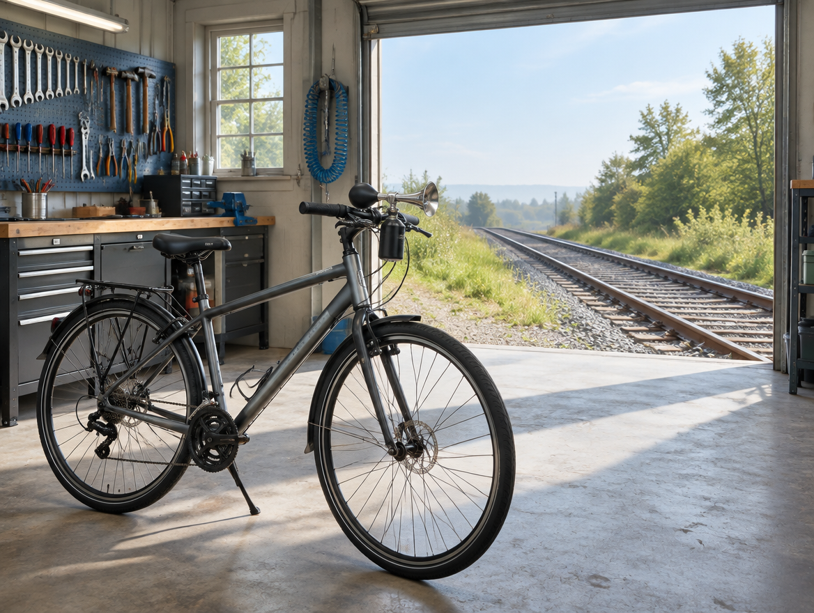A commuter bicycle with a handlebar air horn inside a clean railway workshop, roller door open onto the track.