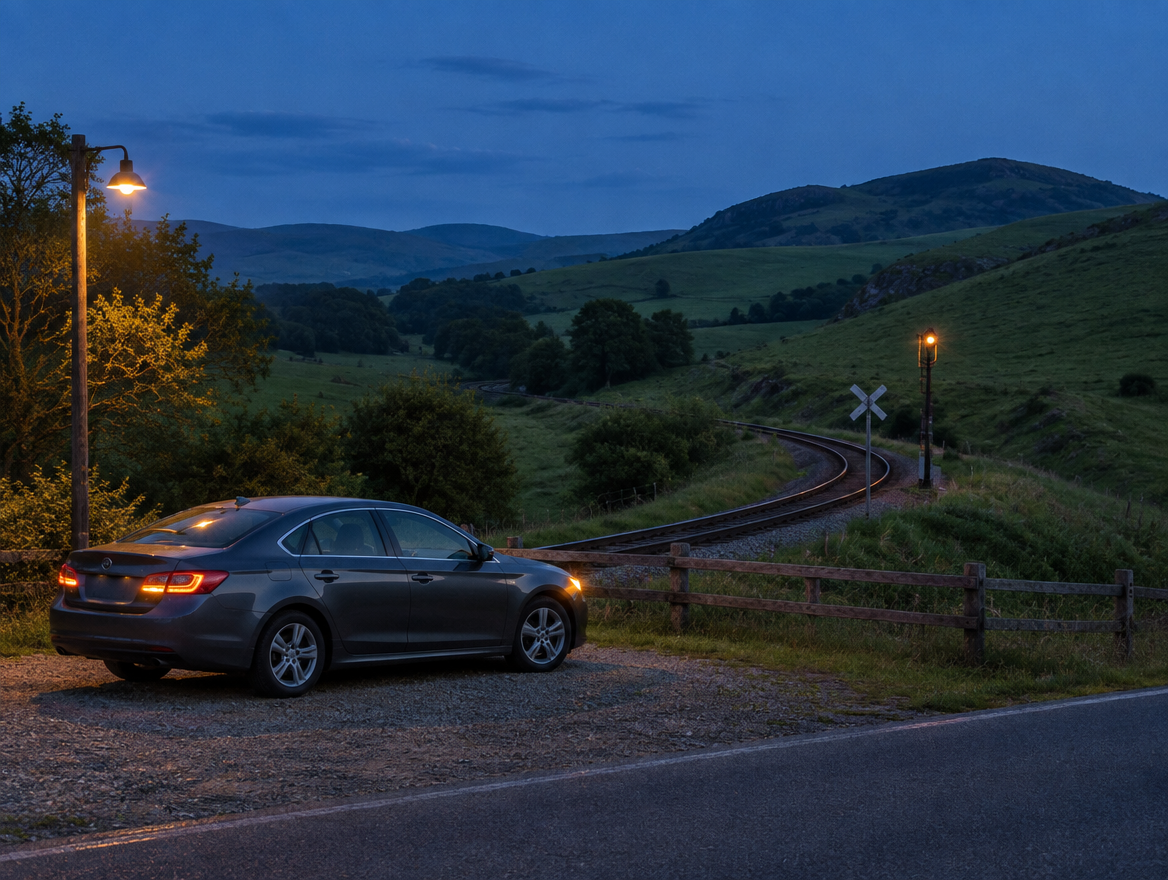 A grey sedan parked beside a single-track rail line curving through green hills at blue hour, with a signal lamp glowing.
