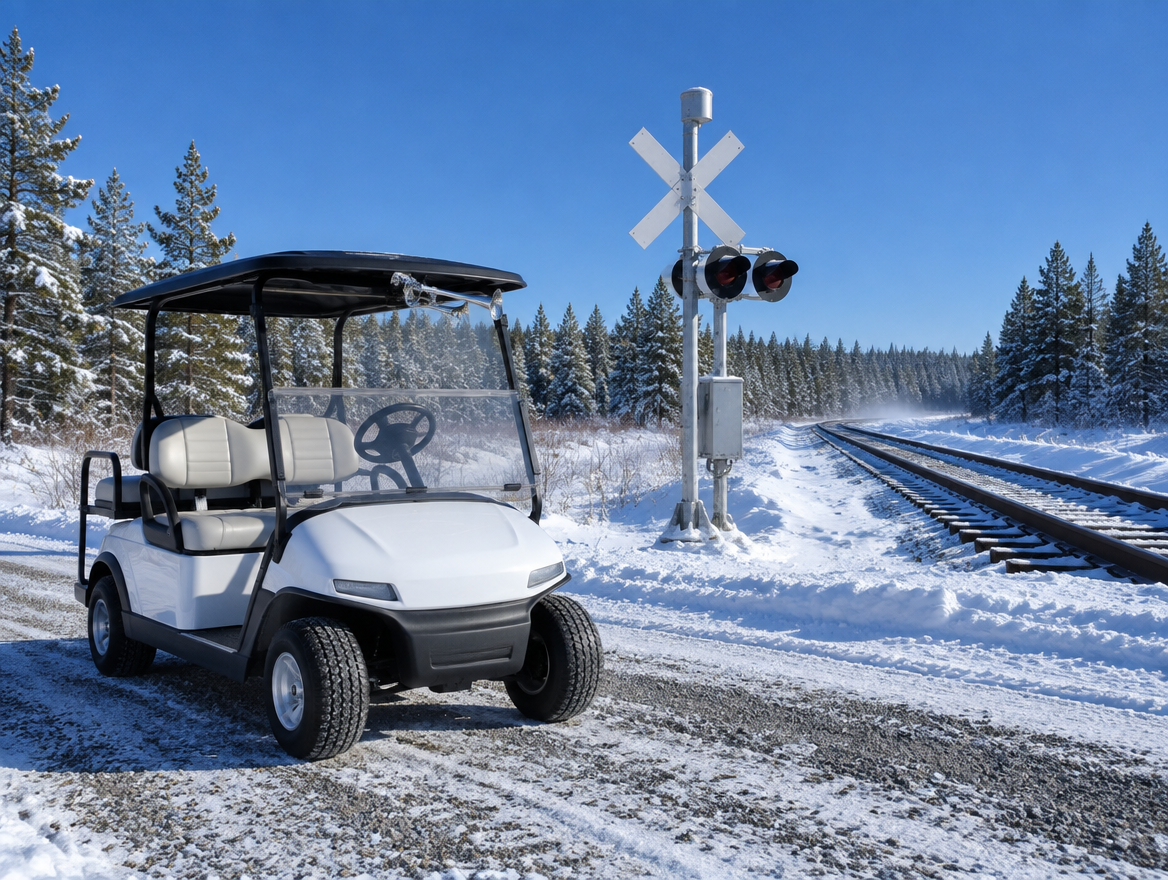 Clean white golf cart with a chrome train horn parked beside a snowy railroad crossing under a clear blue sky