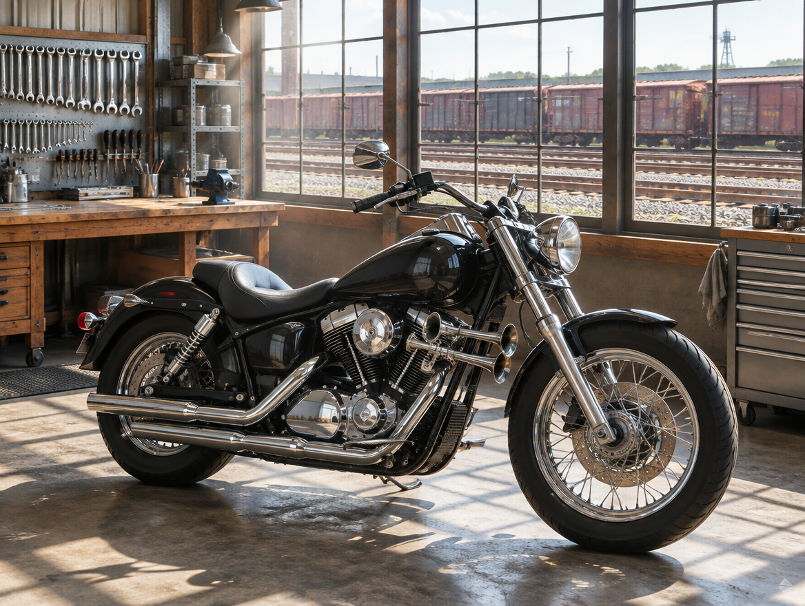 A black cruiser motorcycle with a chrome air horn in a sunlit workshop, boxcars on freight yard tracks outside the windows