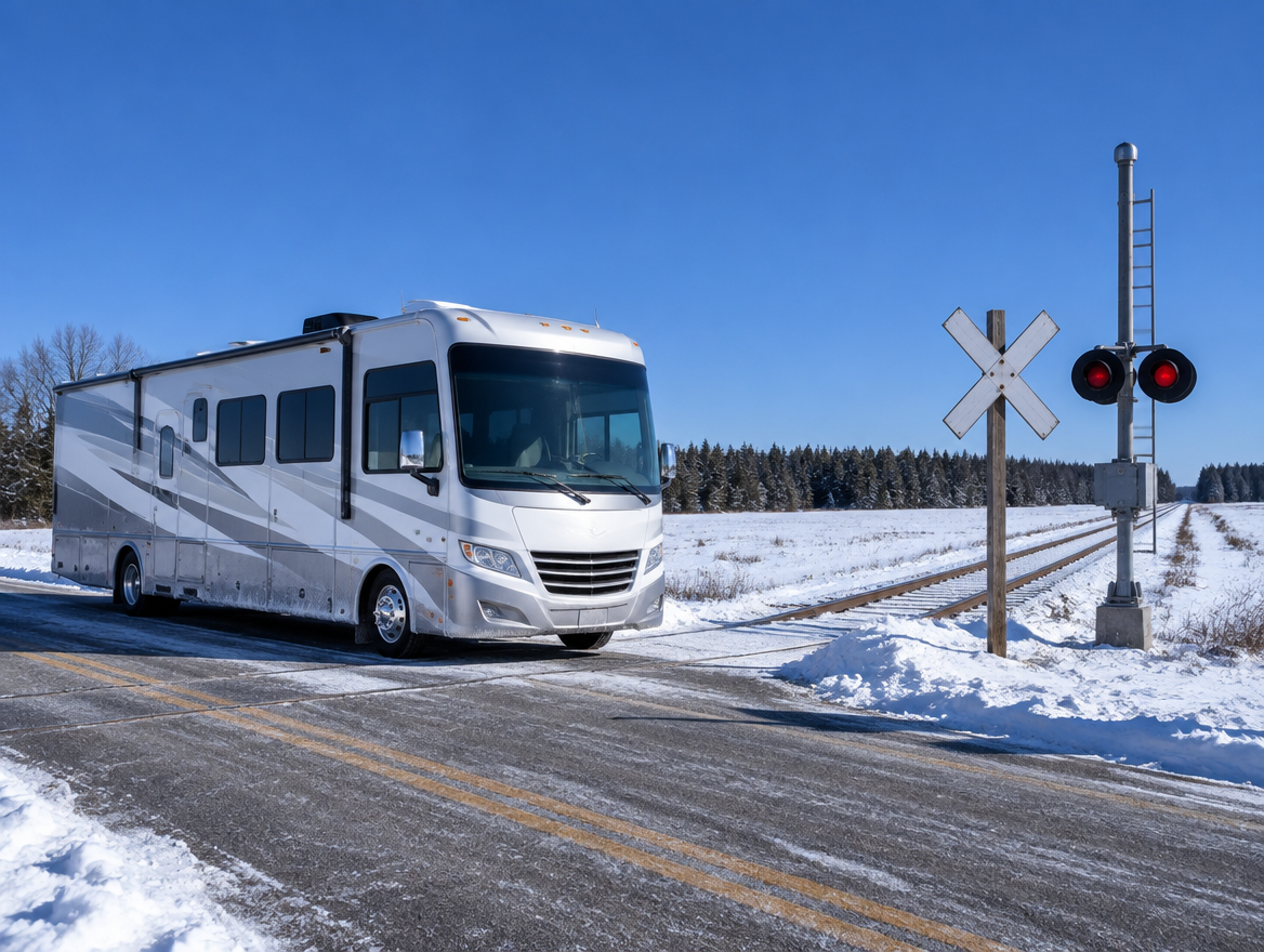 A white Class A motorhome stopped at a snowy rural railroad crossing with a crossbuck under a bright blue sky.