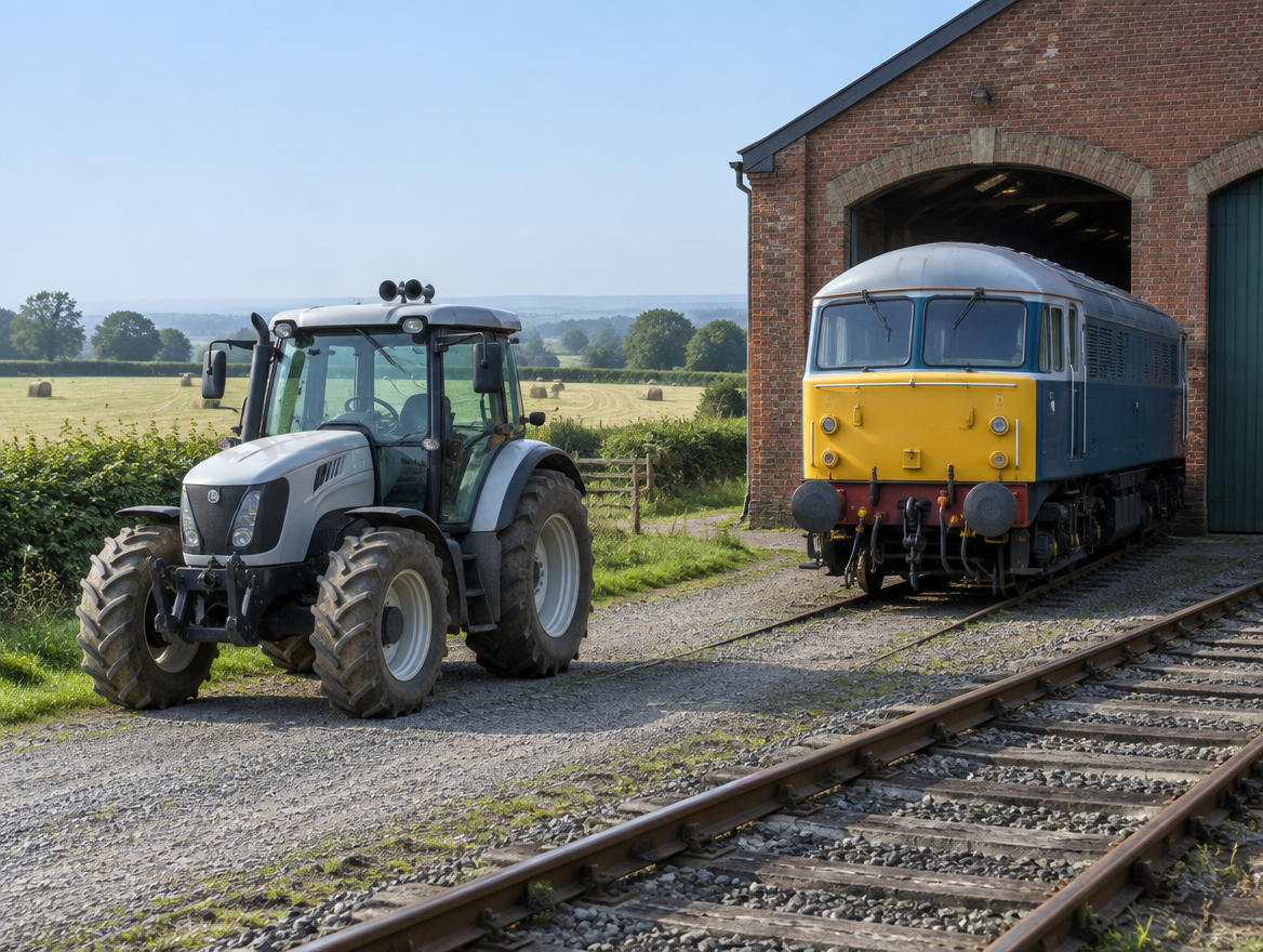 A farm tractor with a roof-mounted air horn parked beside an old brick engine shed, a locomotive standing on the track.