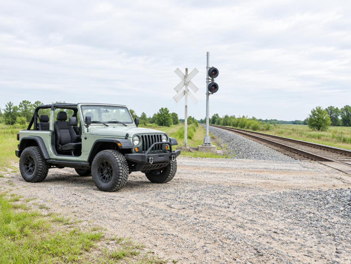 A clean open-top 4x4 parked on gravel beside a rural railroad crossing with a crossbuck under a bright overcast sky.