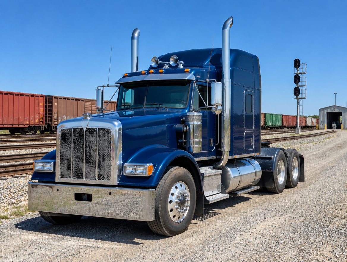 A clean semi truck parked on a gravel road beside freight yard tracks with rows of boxcars under a deep blue sky.