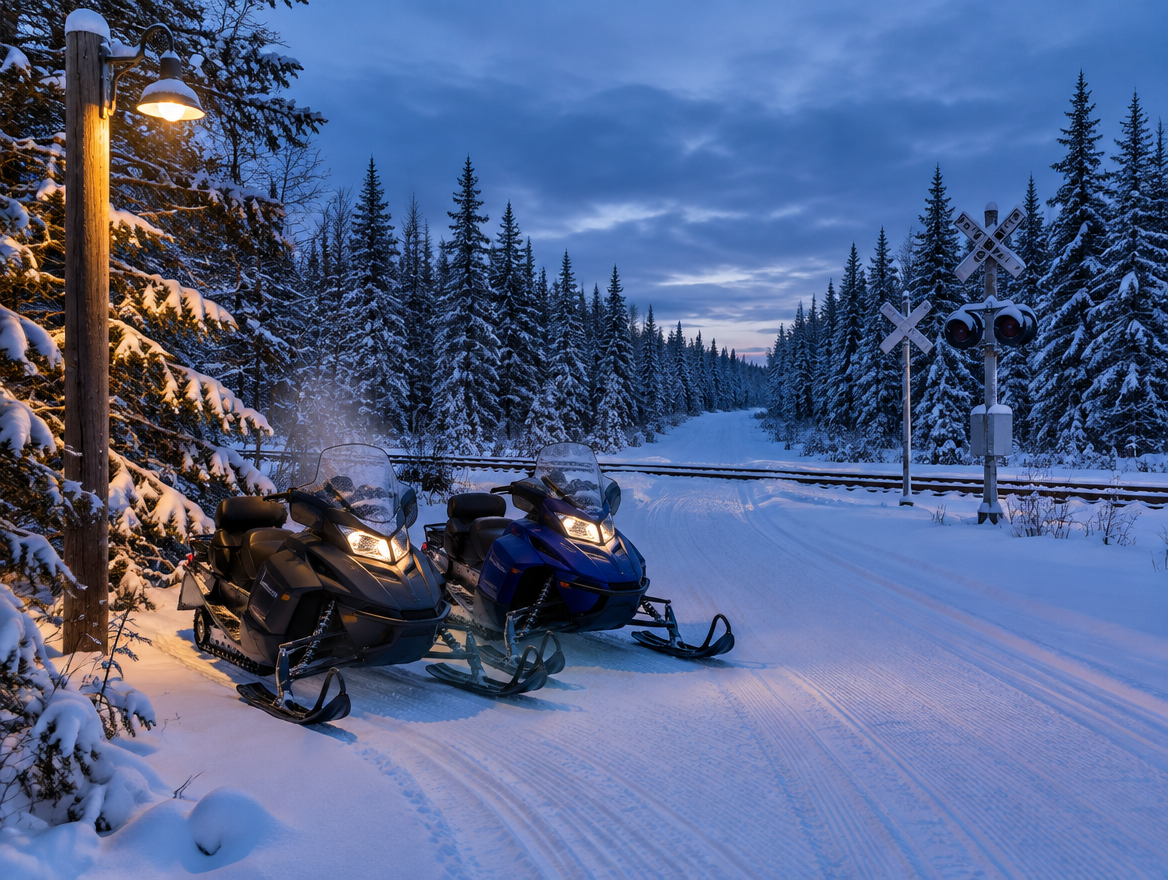 Two snowmobiles parked on a snowy trail near a railroad crossing at dusk, lit by a warm lamp post.