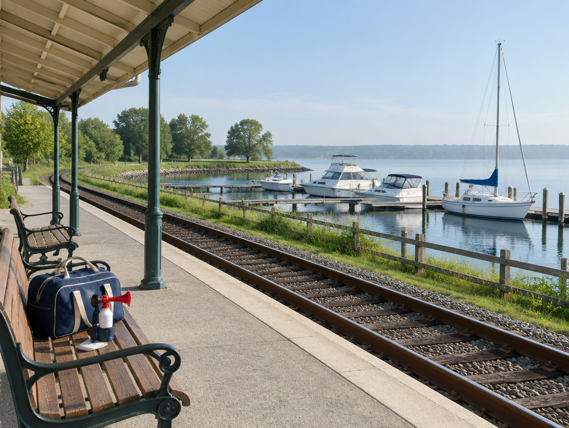 A small-town station platform with a canopy and benches, rails in front and a marina with moored boats beyond.